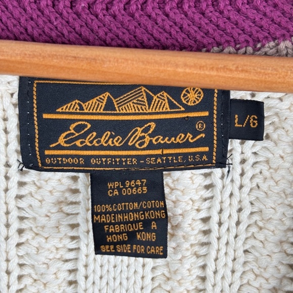VTG Eddie Bauer Cable Knit Cricket Sweater L Cream V Neck Chunky Tennis Cottage - Picture 2 of 9